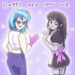 Size: 2952x2952 | Tagged: safe, artist:sumin6301, character:dj pon-3, character:octavia melody, character:vinyl scratch, my little pony:equestria girls, clothing, costume, duo, female, glasses, gloves, happy new year 2018, heart, looking at you, looking back, looking back at you, maid, octamaid, one eye closed, wink