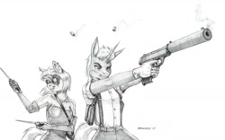 Size: 1600x996 | Tagged: safe, artist:baron engel, character:photo finish, character:zesty gourmand, species:anthro, species:earth pony, species:pony, species:unicorn, armpits, clothing, female, grayscale, handgun, knife, lesbian, mare, monochrome, pencil drawing, shipping, simple background, sketch, smiling, traditional art, white background, zestyfinish