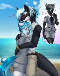 Size: 3000x3817 | Tagged: safe, artist:askbubblelee, oc, oc only, oc:bubble lee, oc:imago, oc:mako, species:anthro, species:changeling, species:earth pony, species:pony, species:unicorn, anthro oc, beach, blushing, changeling oc, couple, cricketfish, female, hug, hybrid, love triangle, makolee, male, mare, orca pony, original species, smiling, stallion, story in the source, tattoo, thought bubble, water