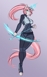 Size: 2445x4000 | Tagged: safe, artist:askbubblelee, oc, oc only, oc:rosie quartz, parent:maud pie, parent:trixie, parents:mauxie, species:anthro, species:pony, species:unguligrade anthro, species:unicorn, willowverse, alternate universe, anthro oc, arrow, bow (weapon), breasts, colored sketch, female, glowing horn, magic, magical lesbian spawn, mare, next generation, offspring, serious, serious face, solo, weapon