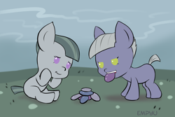 Size: 1000x667 | Tagged: safe, artist:empyu, character:limestone pie, character:marble pie, species:pony, 30 minute art challenge, cute, foal, limabetes, marblebetes, mouth hold, weapons-grade cute, younger