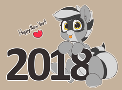 Size: 5125x3791 | Tagged: safe, artist:pabbley, oc, oc only, oc:bandy cyoot, species:earth pony, species:pony, cute, female, happy new year, happy new year 2018, heart, holiday, mare, raccoon pony, solo, tongue out