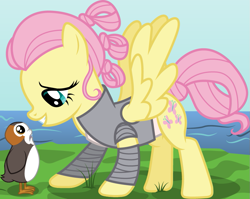 Size: 835x663 | Tagged: safe, artist:cloudyglow, character:fluttershy, species:pegasus, species:pony, spoiler:star wars, alternate hairstyle, clothing, crossover, female, mare, porg, rey, star wars, star wars: the last jedi