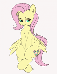 Size: 1280x1663 | Tagged: safe, artist:pabbley, character:fluttershy, species:pegasus, species:pony, 30 minute art challenge, cute, female, lidded eyes, looking sideways, shyabetes, simple background, sitting, solo, white background, wide hips, wings, wings down