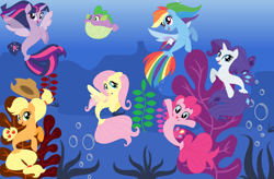 Size: 2030x1334 | Tagged: safe, artist:evilfrenzy, artist:selenaede, artist:user15432, base used, character:applejack, character:fluttershy, character:pinkie pie, character:rainbow dash, character:rarity, character:spike, character:twilight sparkle, character:twilight sparkle (alicorn), species:alicorn, species:pony, species:seapony (g4), my little pony: the movie (2017), fins, fish tail, mane seven, mane six, ocean, puffer fish, seaponified, seapony applejack, seapony fluttershy, seapony pinkie pie, seapony rainbow dash, seapony rarity, seapony twilight, species swap, spike the pufferfish, tail, underwater