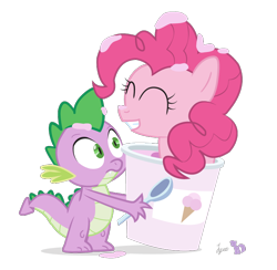 Size: 750x732 | Tagged: safe, artist:dm29, character:pinkie pie, character:spike, species:dragon, species:earth pony, species:pony, duo, female, ice cream, male, mare, simple background, smiling, spoon, transparent background
