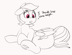 Size: 4771x3668 | Tagged: safe, artist:pabbley, character:rainbow dash, species:pegasus, species:pony, 30 minute art challenge, female, frog (hoof), hoofbutt, implied weight gain, lineart, monochrome, need to go on a diet, need to lose weight, partial color, plot, rainbutt dash, solo, speech, thick, underhoof, weight gain