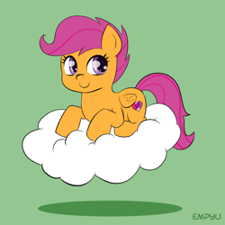 Size: 1000x1000 | Tagged: safe, artist:empyu, character:scootaloo, species:pegasus, species:pony, 30 minute art challenge, cloud, cute, cutealoo, female, filly, green background, looking at you, on a cloud, simple background, sitting on a cloud, solo, the cmc's cutie marks
