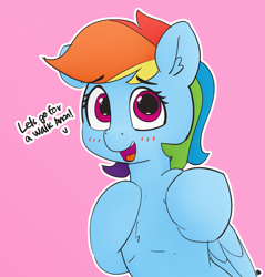 Size: 1280x1341 | Tagged: safe, artist:pabbley, edit, character:rainbow dash, species:pegasus, species:pony, 30 minute art challenge, blushing, bronybait, color edit, colored, cute, dashabetes, dialogue, ear fluff, female, implied anon, looking at you, mare, open mouth, pink background, simple background, solo, suggestive source, talking to viewer