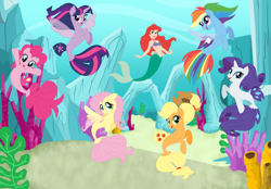 Size: 2111x1467 | Tagged: safe, artist:magpie-pony, artist:selenaede, artist:user15432, base used, character:applejack, character:fluttershy, character:pinkie pie, character:rainbow dash, character:rarity, character:twilight sparkle, character:twilight sparkle (alicorn), species:alicorn, species:pony, species:seapony (g4), my little pony: the movie (2017), ariel, crossover, disney, disney princess, fin wings, fins, mane six, mermaid, ocean, sea ponies, seaponified, seapony applejack, seapony fluttershy, seapony pinkie pie, seapony rainbow dash, seapony rarity, seapony twilight, species swap, swimming, that pony sure does love being a seapony, the little mermaid, under the sea, underwater, watershy