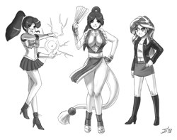 Size: 2000x1578 | Tagged: safe, artist:johnjoseco, character:sunset shimmer, my little pony:equestria girls, ami koshimizu, breasts, crossover, fatal fury, grayscale, king of fighters, kino makoto, mai shiranui, monochrome, sailor jupiter, sailor moon, voice actor joke