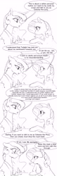 Size: 2640x8160 | Tagged: safe, artist:silfoe, character:princess celestia, character:rarity, species:alicorn, species:pony, species:unicorn, royal sketchbook, ship:rarilestia, black and white, blushing, comic, crossed hooves, crown, dialogue, female, floppy ears, grayscale, jewelry, lesbian, mare, monochrome, regalia, shipping, simple background, sitting, sketch, speech bubble, table, white background