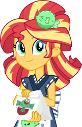 Size: 3000x4650 | Tagged: safe, artist:cloudyglow, character:sunset shimmer, episode:good vibes, eqg summertime shorts, g4, my little pony: equestria girls, my little pony:equestria girls, alternate hairstyle, apron, bag, clothing, female, happi, high res, looking at you, simple background, smiling, solo, standing, sunset sushi, transparent background, uniform, vector
