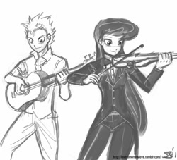 Size: 1000x909 | Tagged: safe, artist:johnjoseco, character:octavia melody, character:spike, species:human, female, grayscale, guitar, humanized, male, monochrome, simple background, spiketavia, violin, white background