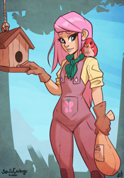 Size: 700x1000 | Tagged: safe, artist:atryl, character:fluttershy, species:bird, species:human, 30 minute art challenge, bird house, clothing, female, gloves, humanized, overalls, solo