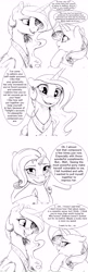 Size: 2640x8160 | Tagged: safe, artist:silfoe, character:princess celestia, character:rarity, species:alicorn, species:pony, species:unicorn, royal sketchbook, ship:rarilestia, black and white, blushing, comic, crossed hooves, dialogue, duo, female, grayscale, lesbian, mare, monochrome, shipping, simple background, sketch, speech bubble, white background