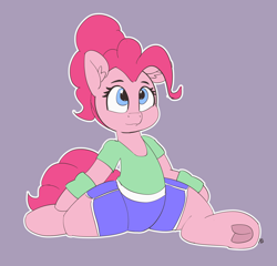 Size: 5734x5500 | Tagged: safe, artist:pabbley, character:pinkie pie, species:earth pony, species:pony, 30 minute art challenge, absurd resolution, clothing, cute, diapinkes, ear fluff, female, frog (hoof), hoofbutt, purple background, semi-anthro, simple background, solo, splits, underhoof, workout outfit