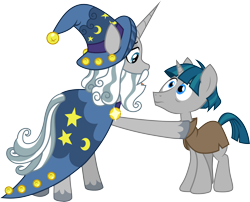 Size: 3710x3000 | Tagged: safe, artist:cloudyglow, character:star swirl the bearded, character:stygian, species:pony, species:unicorn, episode:shadow play, g4, my little pony: friendship is magic, .ai available, clothing, cute, duo, duo male, hat, looking at each other, male, reconciliation, simple background, smiling, stallion, stygianbetes, swirlabetes, transparent background, vector, wizard, wizard hat