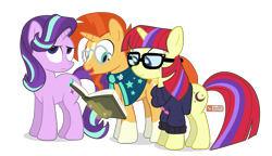 Size: 1125x650 | Tagged: safe, artist:dm29, character:moondancer, character:starlight glimmer, character:sunburst, ship:sundancer, book, female, jealous, male, shipping, simple background, straight, white background