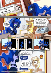 Size: 955x1351 | Tagged: safe, artist:mysticalpha, character:nightmare moon, character:princess luna, oc, species:alicorn, species:earth pony, species:pony, blade runner 2049, cinema, comic, dark alley, dialogue, female, mare, movie reference, my little dragon, not safe for woona, parody, speech bubble, them, transformation