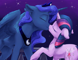 Size: 6600x5100 | Tagged: safe, artist:silfoe, character:princess luna, character:twilight sparkle, character:twilight sparkle (unicorn), species:alicorn, species:pony, species:unicorn, fanfic:twilight good night, ship:twiluna, absurd resolution, eyes closed, fanfic, fanfic art, female, floppy ears, kissing, lesbian, making out, mare, night, shipping, smiling, stars, underhoof