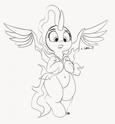 Size: 1280x1378 | Tagged: safe, artist:pabbley, character:pony of shadows, species:pony, 30 minute art challenge, belly button, bipedal, cute, monochrome, rule 63, rule63betes, shadorable, spread wings, wings