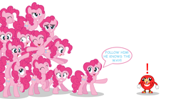 Size: 6117x3415 | Tagged: safe, artist:aleximusprime, character:pinkie pie, species:earth pony, species:pony, :t, biting, clone, crossover, cute, dead meme, derp, dialogue, diapinkes, exclamation point, eyes closed, female, frown, glare, grin, jumping, knuckles the echidna, knuckles-pinkie war, lidded eyes, looking back, looking up, mare, meme, multeity, nom, oh no, on top, open mouth, pinkie clone, pointing, ponies riding ponies, puffy cheeks, raised hoof, role reversal, simple background, smiling, smirk, sonic the hedgehog (series), speech bubble, squee, surprised, tail bite, too much pink energy is dangerous, ugandan knuckles, waving, white background, wide eyes