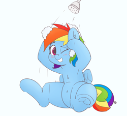 Size: 1280x1167 | Tagged: safe, artist:pabbley, edit, character:rainbow dash, species:pegasus, species:pony, 30 minute art challenge, armpits, belly button, color edit, colored, cute, dashabetes, female, mare, one eye closed, shower, simple background, sitting, solo, underhoof, washing