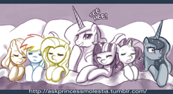 Size: 1100x604 | Tagged: safe, artist:johnjoseco, character:applejack, character:fluttershy, character:princess celestia, character:princess luna, character:rainbow dash, character:rarity, character:twilight sparkle, species:alicorn, species:pony, ask princess molestia, princess molestia, ship:twilestia, ask, bed, blushing, female, lesbian, shipping, tumblr