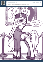 Size: 650x933 | Tagged: safe, artist:johnjoseco, character:princess celestia, species:alicorn, species:pony, ask princess molestia, princess molestia, ask, beatnik, clothing, comic, glasses, hat, painting, plot, sweater, tumblr