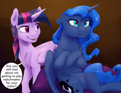 Size: 1980x1530 | Tagged: safe, artist:silfoe, character:princess luna, character:twilight sparkle, character:twilight sparkle (alicorn), species:alicorn, species:pony, royal sketchbook, ship:twiluna, :i, crossed arms, dialogue, female, grumpy, horn, lesbian, mare, neck fluff, pouting, puffy cheeks, shipping, wings