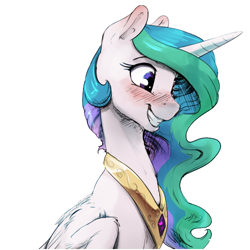 Size: 512x512 | Tagged: safe, artist:silfoe, character:princess celestia, species:alicorn, species:pony, royal sketchbook, blushing, bust, cute, cutelestia, ear blush, female, horn, jewel, mare, simple background, smiling, solo, transparent background, wings