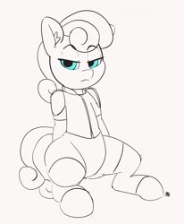Size: 1280x1554 | Tagged: safe, artist:pabbley, character:bon bon, character:sweetie drops, species:earth pony, species:pony, 30 minute art challenge, bon bond, clothing, female, hooves, mare, partial color, simple background, sitting, solo