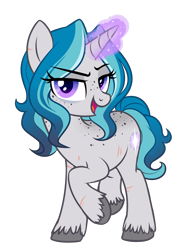 Size: 1844x2436 | Tagged: safe, artist:askbubblelee, oc, oc only, oc:bubble lee, species:pony, species:unicorn, willowverse, alternate hairstyle, body freckles, female, freckles, glowing horn, looking at you, mare, scar, show accurate, simple background, smiling, solo, transparent background