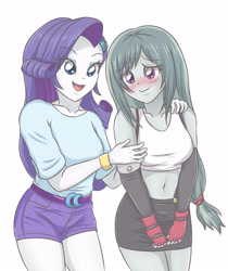 Size: 2952x3507 | Tagged: safe, artist:sumin6301, character:marble pie, character:rarity, my little pony:equestria girls, belly button, belt, blushing, breasts, busty marble pie, clothing, colored pupils, cosplay, costume, cute, duo, equestria girls-ified, female, final fantasy, final fantasy vii, fingerless gloves, gloves, leather, leather skirt, midriff, miniskirt, moe, shorts, shy, shy smile, simple background, skirt, skirt pull, smiling, suspenders, tank top, tifa lockhart, white background