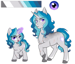 Size: 3269x2813 | Tagged: safe, artist:askbubblelee, oc, oc only, oc:bubble lee, species:pony, species:unicorn, willowverse, alternate universe, body freckles, female, freckles, magic, mare, raised hoof, reference sheet, scar, show accurate, simple background, smiling, solo