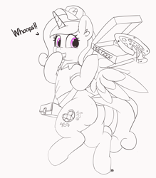 Size: 5442x6223 | Tagged: safe, artist:pabbley, character:princess cadance, species:alicorn, species:pony, absurd resolution, cadance's pizza delivery, clothing, cute, cutedance, female, food, hat, lovebutt, mare, peetzer, pizza, pizza box, shirt, simple background, smiling, solo