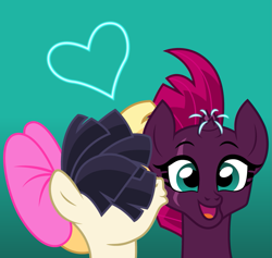 Size: 843x800 | Tagged: safe, artist:cloudyglow, character:fizzlepop berrytwist, character:songbird serenade, character:tempest shadow, species:pony, my little pony: the movie (2017), bow, eye scar, female, hair bow, heart, kissing, lesbian, mare, scar, shadowbird, shipping, smiling