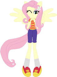 Size: 416x563 | Tagged: safe, artist:selenaede, artist:user15432, base used, character:fluttershy, species:human, my little pony:equestria girls, barely eqg related, clothing, earthbound, female, humanized, lucas, mother, mother (game), mother 3, nintendo, pegasus wings, ponied up, pony ears, shirt, shoes, shorts, sneakers, socks, super smash bros., winged humanization, wings