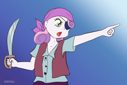 Size: 1000x667 | Tagged: safe, artist:empyu, character:sweetie belle, my little pony:equestria girls, 30 minute art challenge, clothing, cutlass, eyepatch, female, open mouth, pirate, pointing, solo, sword, weapon