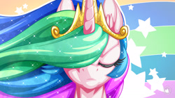 Size: 1920x1080 | Tagged: safe, artist:mysticalpha, character:princess celestia, species:alicorn, species:pony, bust, crown, ethereal mane, eyelashes, eyes closed, female, flowing mane, frown, jewelry, lighting, mare, multicolored hair, portrait, praise the sun, rainbow background, regalia, royalty, serious, solo, sparkles, stars, tiara, wallpaper