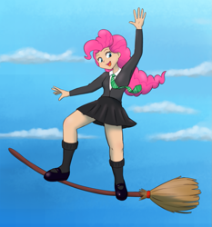Size: 933x1000 | Tagged: safe, artist:empyu, character:pinkie pie, species:human, broom, clothing, crossover, cute, female, flying, flying broomstick, harry potter, harry potter (series), hogwarts, humanized, legs, mary janes, necktie, pleated skirt, school uniform, shoes, short skirt, silly, skirt, slytherin, smiling, socks, solo, surfing, sweater, uniform