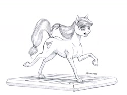 Size: 1400x1042 | Tagged: safe, artist:baron engel, oc, oc only, oc:cream heart, species:earth pony, species:pony, g4, cutie mark, dance dance revolution, dancing, female, grayscale, hoers, mare, milf, monochrome, mother, open mouth, pencil drawing, raised hoof, rhythm game, signature, simple background, solo, three quarter view, traditional art, white background