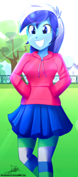 Size: 820x1860 | Tagged: safe, artist:the-butch-x, character:minuette, my little pony:equestria girls, clothing, commission, crepuscular rays, cute, equestria girls-ified, female, grin, hands in pockets, hoodie, minubetes, moe, pantyhose, pleated skirt, signature, skirt, smiling, soccer field, solo, striped pantyhose