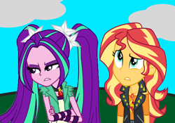 Size: 2000x1400 | Tagged: safe, artist:cloudyglow, artist:ktd1993, character:aria blaze, character:sunset shimmer, ship:sunblaze, my little pony:equestria girls, annoyed, clothing, crossed arms, female, geode of empathy, lesbian, shipping, sunblaze