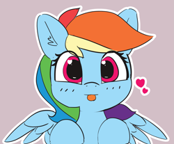 Size: 2333x1933 | Tagged: safe, artist:pabbley, character:rainbow dash, species:pegasus, species:pony, blep, cute, dashabetes, female, floating heart, heart, heart eyes, looking at you, mare, multicolored hair, silly, silly pony, simple background, solo, spread wings, tongue out, wingding eyes, wings