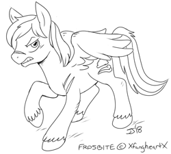 Size: 800x719 | Tagged: safe, artist:johnjoseco, oc, oc only, oc:frostbite, species:pegasus, species:pony, commission, grayscale, monochrome, raised hoof, scar, sketch, solo