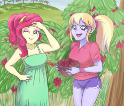 Size: 4133x3543 | Tagged: safe, artist:sumin6301, character:cherry jubilee, character:cloudy kicks, my little pony:equestria girls, armpits, cherry, clothing, cloudy kicks, dress, duo, equestria girls-ified, food, shirt, shorts, smiling, tree