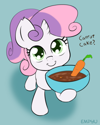 Size: 800x1000 | Tagged: safe, artist:empyu, character:sweetie belle, species:pony, species:unicorn, bowl, carrot, cute, dialogue, diasweetes, female, filly, food, hnnng, hoof hold, looking at you, looking up, smiling, speech, sweetie belle can't cook, sweetie fail