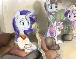 Size: 1980x1530 | Tagged: safe, artist:silfoe, character:cookie crumbles, character:hondo flanks, character:rarity, character:sweetie belle, species:pony, species:unicorn, royal multiverse, alternate universe, cooking, ear piercing, earring, female, filly, glowing horn, horn ring, jewelry, magic, male, mare, nomad, nomad au, piercing, sewing, stallion, telekinesis